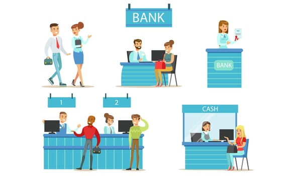Bank Managers and Clients Set, Banking Service, People Standing at the Bank Office and Making Financial Operations with Money Illustration vector