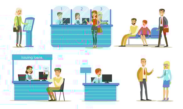Banking Service Set, Bank Managers and Clients, People Standing at the Bank Office and Making Financial Operations Illustration vector
