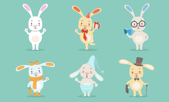 Cute Little Bunnies Characters Set, Adorable Rabbits in Different Situations Illustration vector