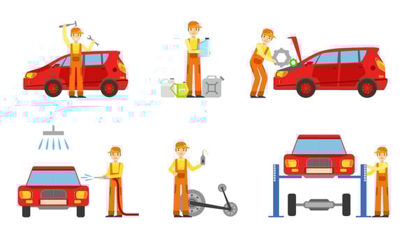 Car Service Elements Set, Male Auto Mechanics in Uniform Repairing, Washing Cars, Testing Vehicles Illustration vector