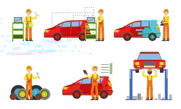 Car Service Set, Male Auto Mechanics in Uniform Repairing, Washing, Painting Cars and Testing Vehicles Illustration vector