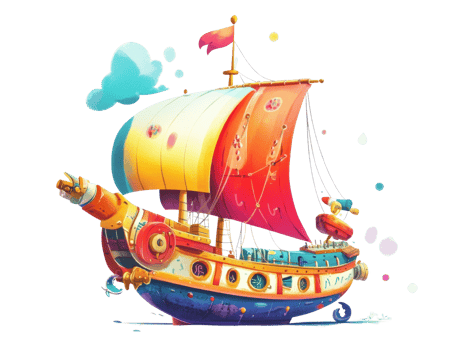 A whimsical colorful sailing ship floats on calm waters png