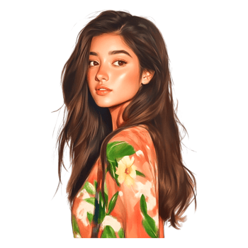 Beautiful Young Woman with Long Hair in Vibrant Floral Shirt png