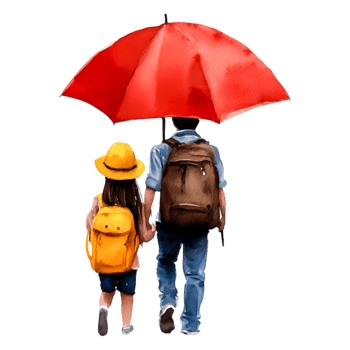 Loving Family Stroll Under Red Umbrella in Rainy Weather png