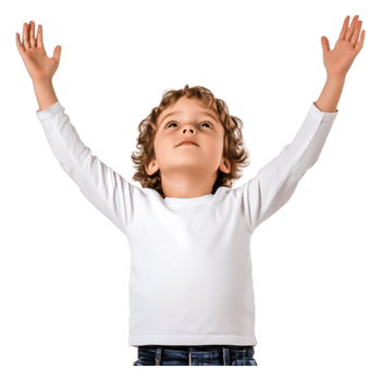 Joyful child with arms raised in celebratigainst png