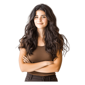 Young Woman with Long Wavy Hair in Casual Top Smiling Confidently png