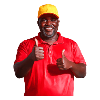 Cheerful worker in bright shirt shows thumbs up in celebration png