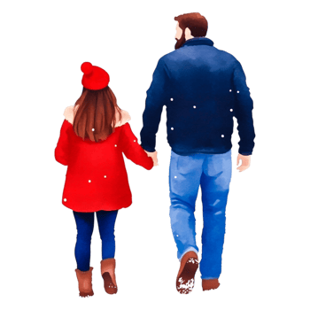Warm Winter Walk of a Couple in Cozy Clothing with Snowflakes Falling png