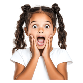 Excited young girl with curly hair expressing joy and surprise png