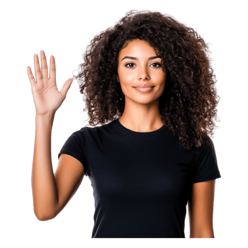 Confident Young Woman with Curly Hair Waving in Studio Setting png