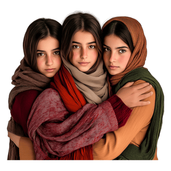 Three Women Wearing Colorful Scarves Embracing in Warm Colors png