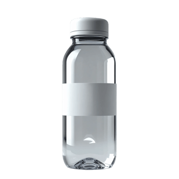 A clear plastic bottle with a white label png