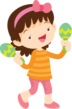A girl wearing a colorful bow headband is dancing with a shaker in her hand. png
