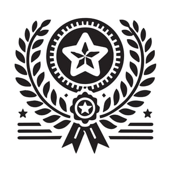 A stylized, black and white emblem showcasing a globe, award ribbon, and laurel wreath. vector