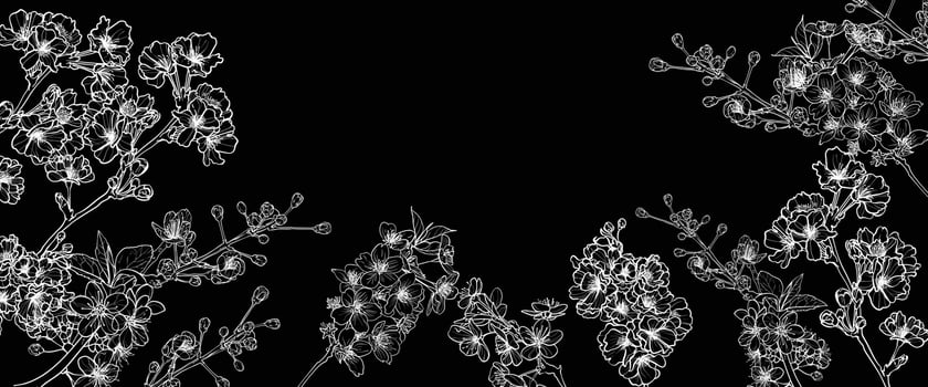 Cherry Blossoms line art , hand drawn illustration on black background. White cherry blossoms outline for online and print projects. vector