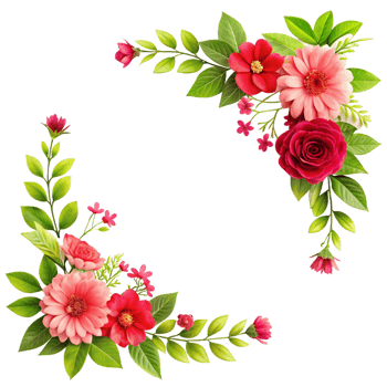 red and pink flower and leaves corner frame is isolated on transparent background png