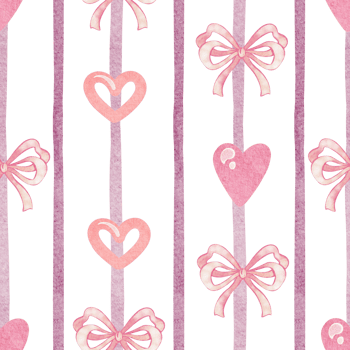 Watercolor Cute seamless striped pattern with pink hearts and bows. Background in a romantic girly style. Perfect kawaii design for a nursery or children room wallpaper. png
