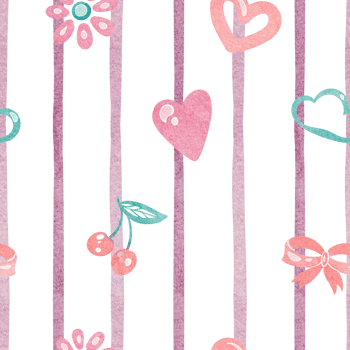 Striped Cute seamless girly pattern with fruit and berry. Summer cartoon design with pink bow cloud and heart nursery wallpaper or kindergarten decor. For children products or preschool background. png