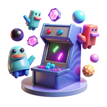 Retro Arcade Game with Cute 3D Characters png