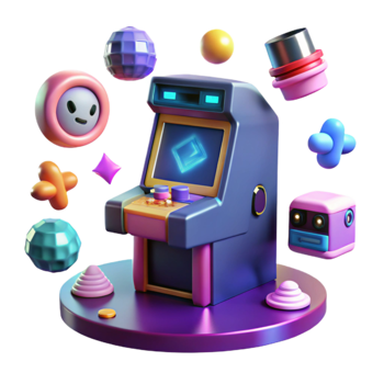 Retro Arcade Game Fun 3D Render of Colorful Shapes and Machine png