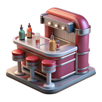 Retro Bar Counter with Stools 3D Model png