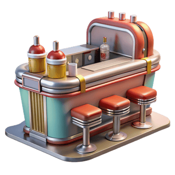 Retro Diner Bar Vintage Counter, Stools, and Drinks png