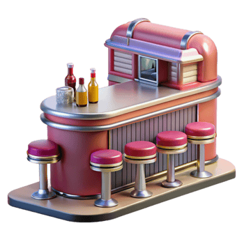 Retro Diner Bar Counter with Stools 3D Model png
