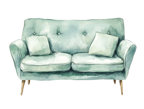 Watercolor Painting of a Teal Sofa with Pillows. isolated png