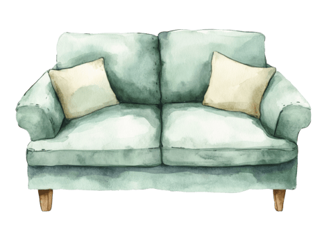 Watercolor Painting of a Teal Sofa with Pillows. cut out png