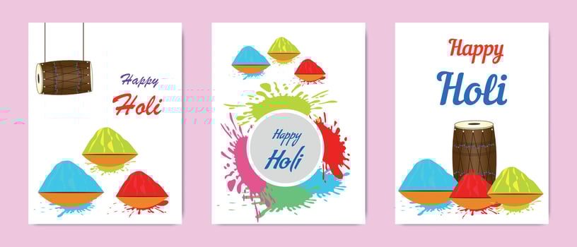 Holi festival greeting cards with colorful powder, vibrant splashes, and traditional drum, symbolizing joy and festivity. vector