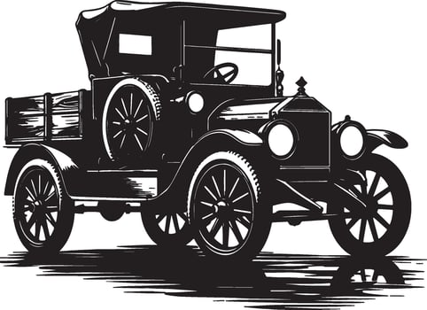 An old car is shown in black and white vector