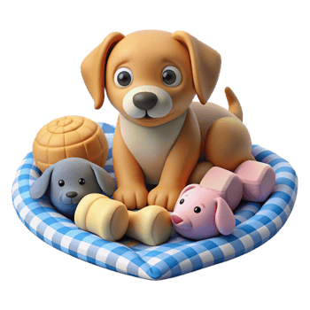 Adorable Puppy with Toys on a Blanket png
