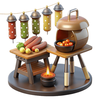 3D Render of Festive Grill with Hot Dogs and Vegetables png