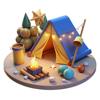 Night Camping Scene 3D Tent, Campfire, and Festive Decor png