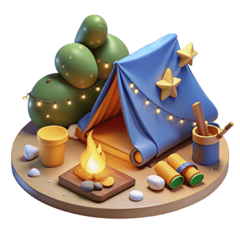 Enchanted Camping Scene 3D Render of Tent, Fire, and Stars png