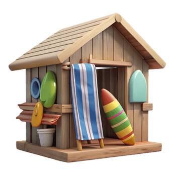 Summer Beach House with Surfboard and Towel png