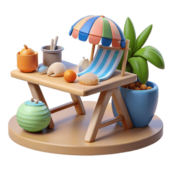 Relaxing Beach Scene Table, Chair, Umbrella, Shells png
