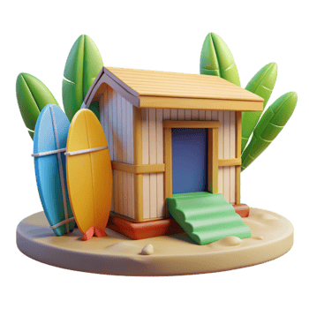 Tropical Beach House with Surfboards png