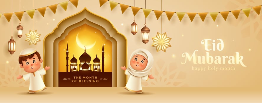 Eid Mubarak Blessings - Joyful Kids with Mosque and Lantern Decor vector