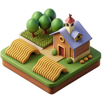 Farmhouse, Wheat Fields, and Trees Isometric 3D Render png