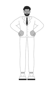 Bearded african american businessman in suit and glasses black and white 2D line character. Business leader standing man in formal wear isolated outline person. Monochromatic spot illustration vector