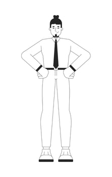 Stylish businessman with top knot hairstyle black and white 2D line character. Career successful caucasian guy hands on hips isolated outline person. Monochromatic spot illustration vector