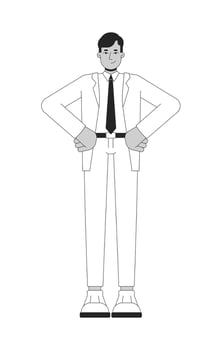 Indian businessman in suit tie hands on hips black and white 2D line character. Professional south asian guy business leader isolated outline person. Monochromatic spot illustration vector