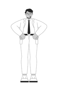 Arab male business administrator with hands on hips black and white 2D line character. Power pose. Businessman in corporate attire isolated outline person. Monochromatic spot illustration vector