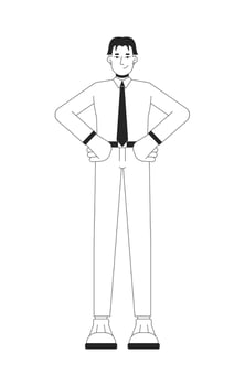 Asian businessman in shirt tie with hands on hips black and white 2D line character. Office worker male modern professional isolated outline person. Monochromatic spot illustration vector
