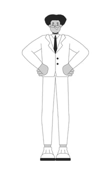 Confident hispanic man with glasses in formal suit black and white 2D line character. Businessman standing with hands on hips isolated outline person. Monochromatic spot illustration vector