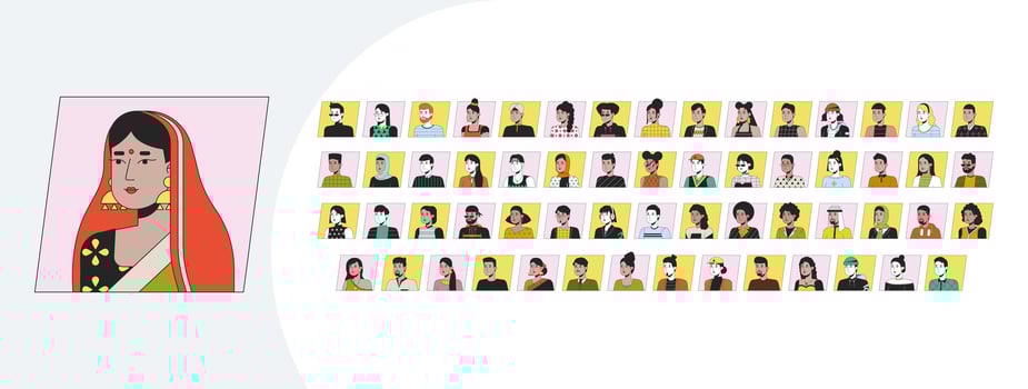 Avatars cartoon flat illustrations mega bundle. Young multicultural users representation 2D images isolated on white. Social media users profiles design collection drawings colorful vector