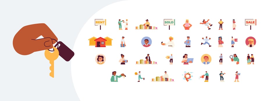 Business and finance cartoon flat illustrations mega bundle. Real estate operation professional support 2D images isolated on white. Realtors service and career collection drawings colorful vector