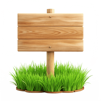 3d cartoon wooden blank sign board with grass is isolated on transparent background png