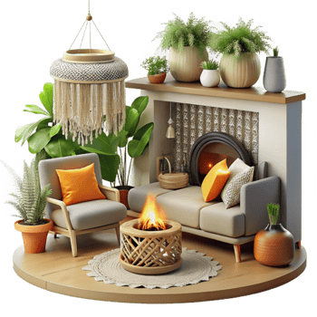 Cozy Fireplace Living Room with Plants png